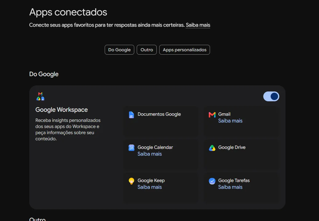 Página de apps ligados do Gemini, com os separadores de apps da Google, de outros e de apps personalizados.