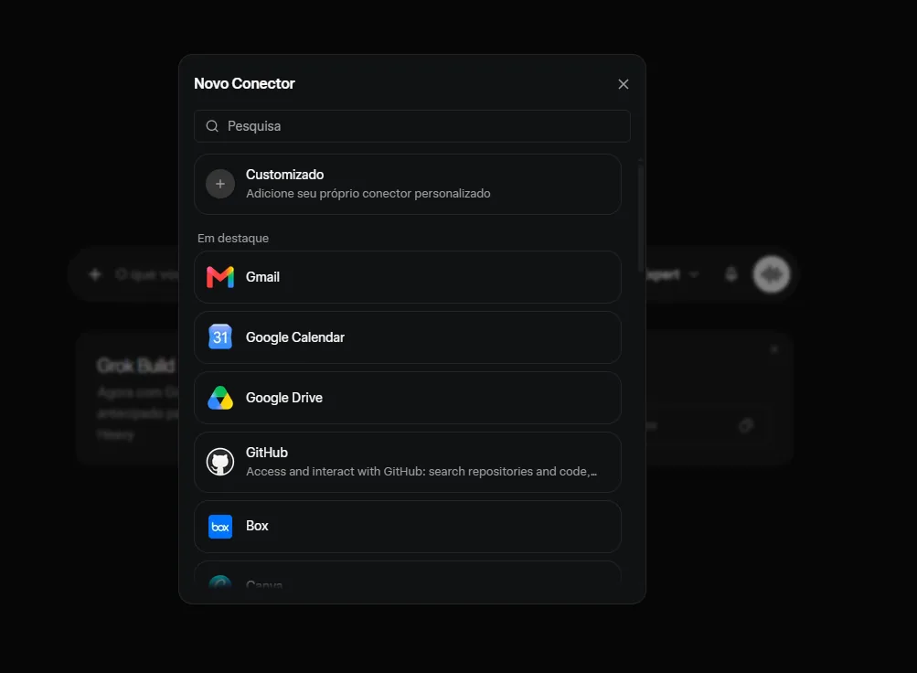 Modal Novo Conector do Grok, com a opção Personalizado no topo, acima dos conectores em destaque.