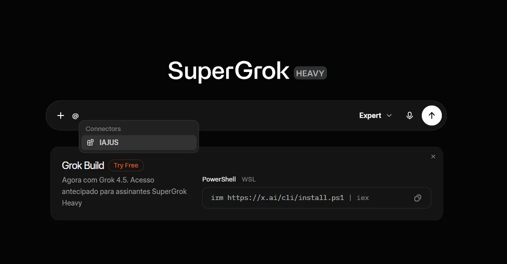 Caixa de mensagem do Grok com o menu @ aberto em Connectors, a mostrar o conector IAJUS.