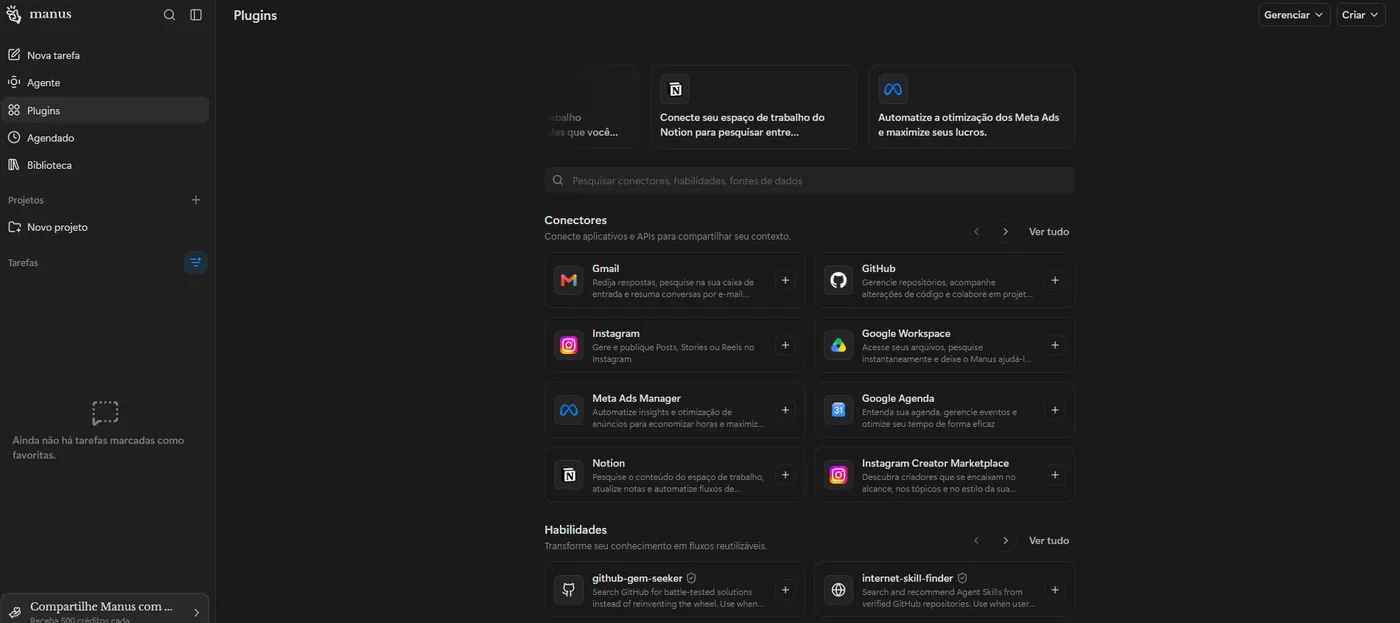 Página Plugins do Manus, com o menu lateral e a lista de conectores disponíveis.