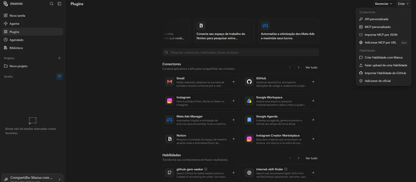 Menu Criar do Manus aberto, a mostrar as opções de conector, entre elas Adicionar MCP por URL, marcada como Beta.