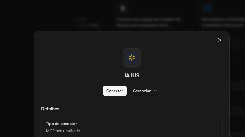 Cartão do conector IAJUS no Manus, com o botão de ligar e o detalhe Tipo de conector, MCP personalizado.