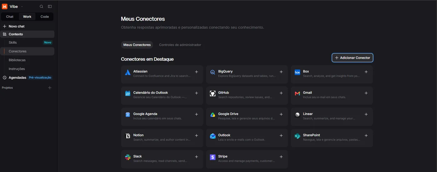 Página de conectores do Le Chat, com a lista de conectores em destaque e o botão Adicionar Conector no canto superior direito.