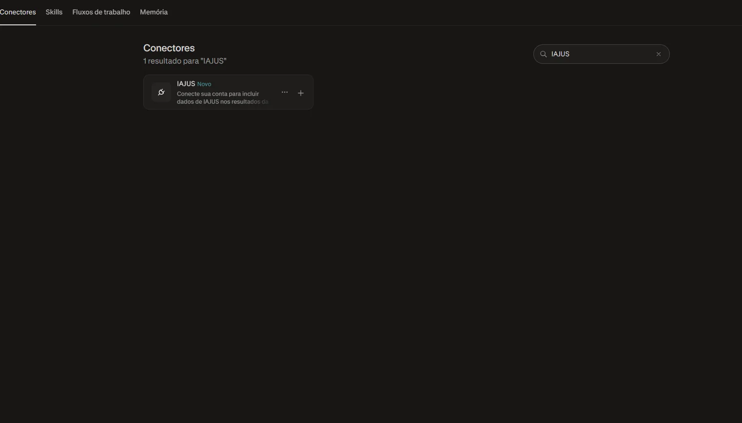 Lista de conectores do Perplexity com a pesquisa por IAJUS, a mostrar o conector IAJUS com a marca Novo e o botão de adicionar.